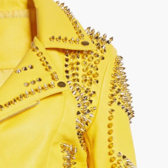 Callie Lives Stasia Dreamin: Azalea Wang Yellow Winter Gold Spiked Moto Jacket L - Picture 2 of 7